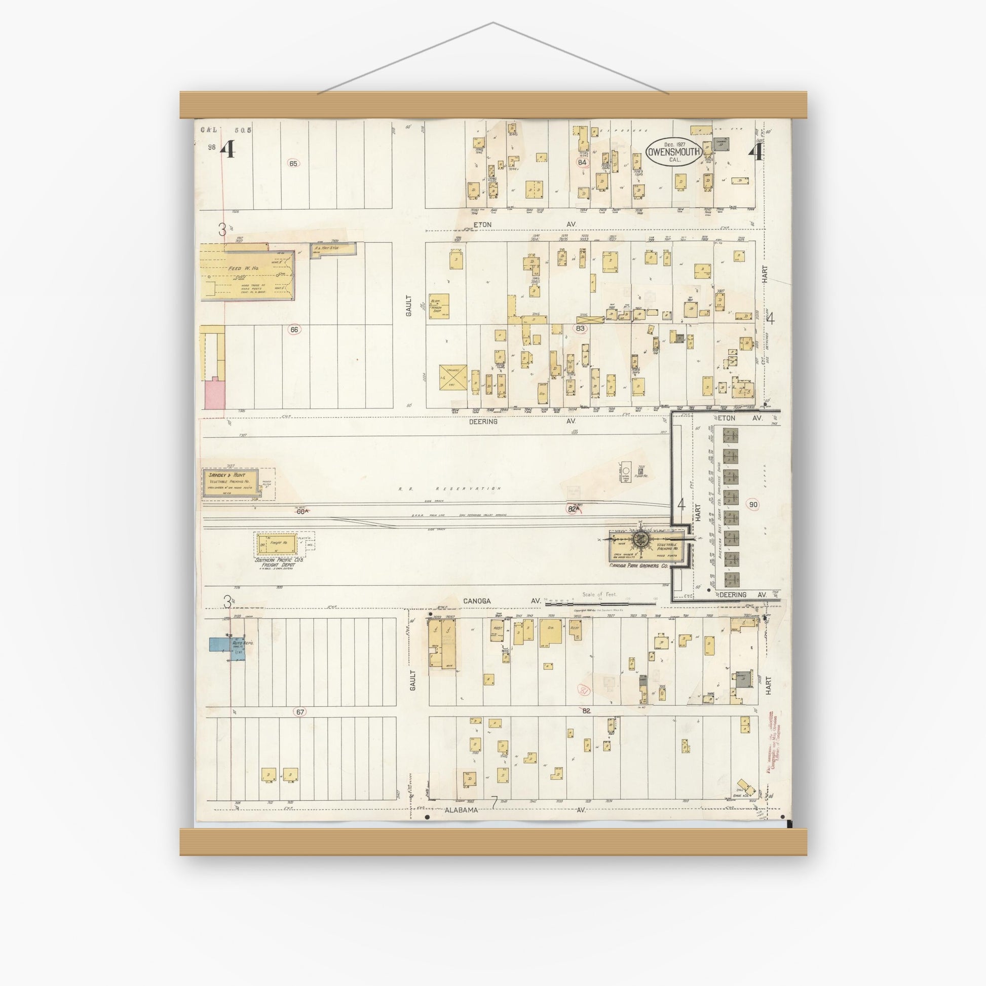Old map wall art mockup — magnetic wood frame on white wall — Sanborn Fire Insurance Map from Canoga Park, Los Angeles County, California (1932), Sheet #0004