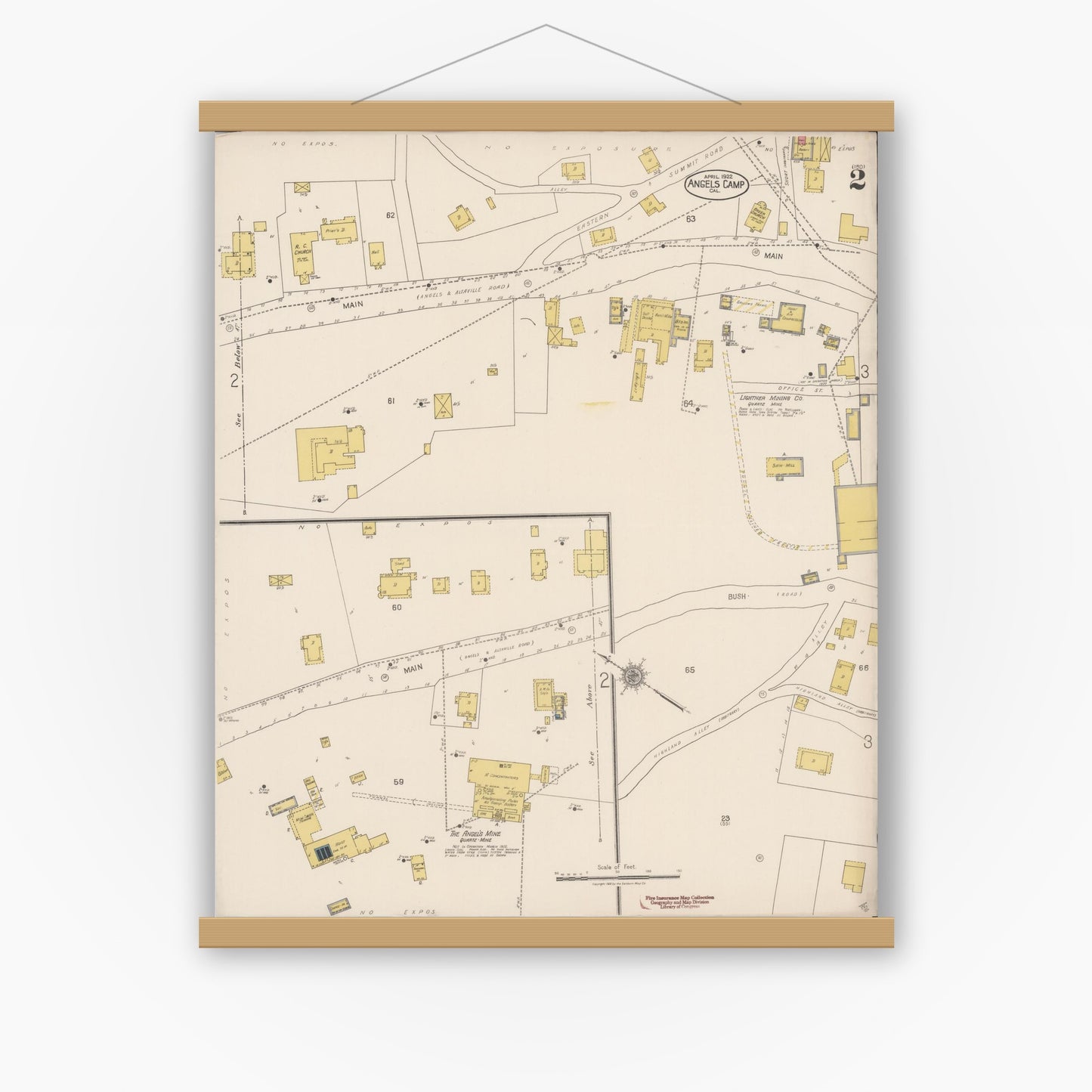 Old map wall art mockup — magnetic wood frame on white wall — Sanborn Fire Insurance Map from Angels Camp, Calaveras County, California (1922), Sheet #0002