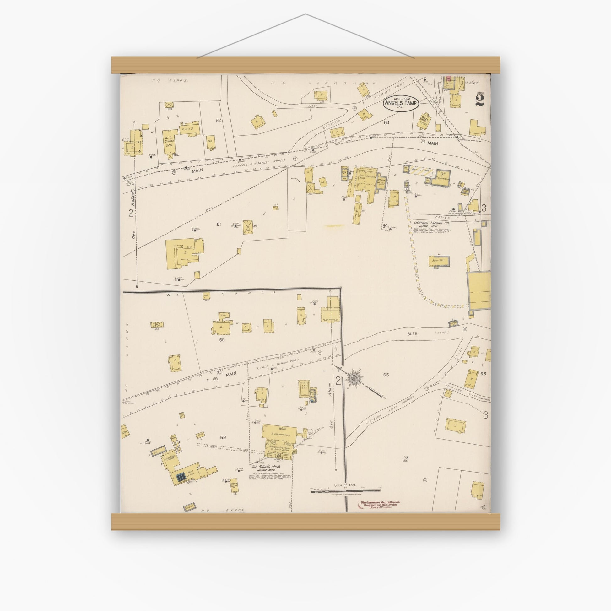 Old map wall art mockup — magnetic wood frame on white wall — Sanborn Fire Insurance Map from Angels Camp, Calaveras County, California (1922), Sheet #0002
