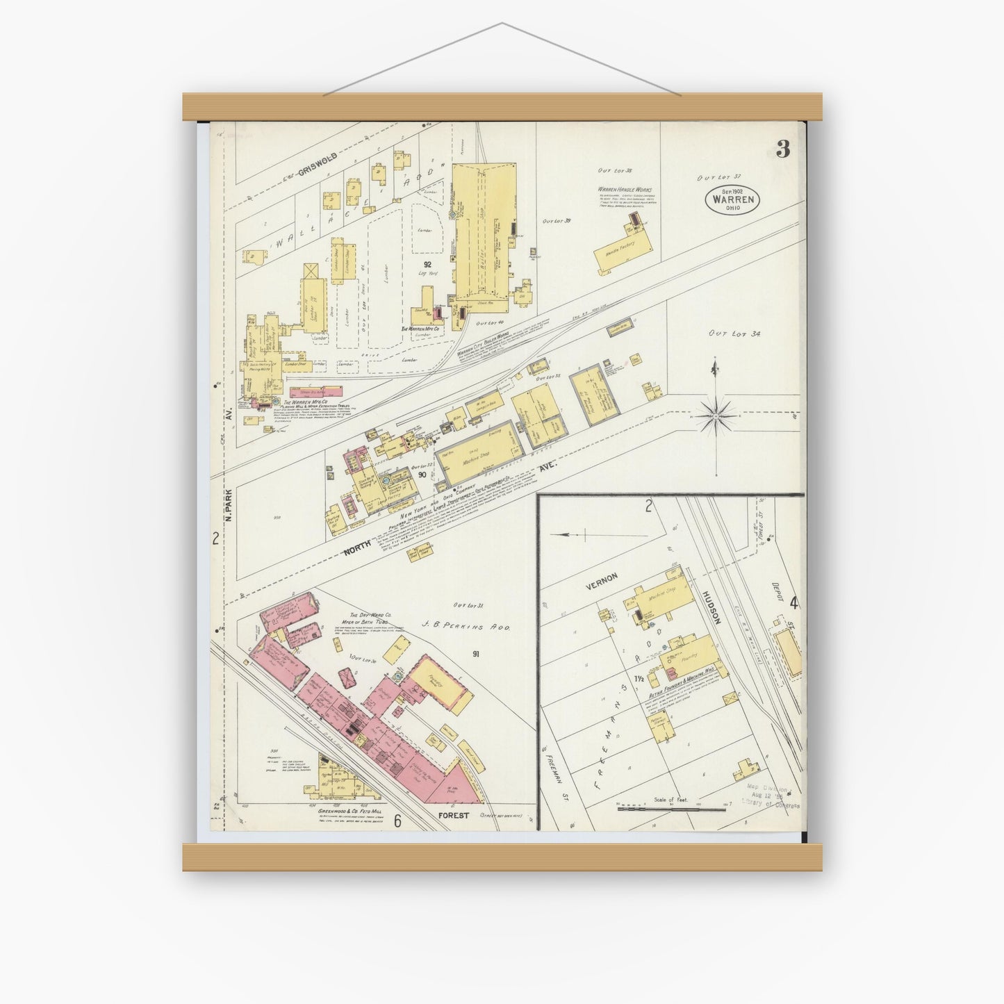 Old map wall art mockup — magnetic wood frame on white wall — Sanborn Fire Insurance Map from Warren, Trumbull County, Ohio (1902), Sheet #0003