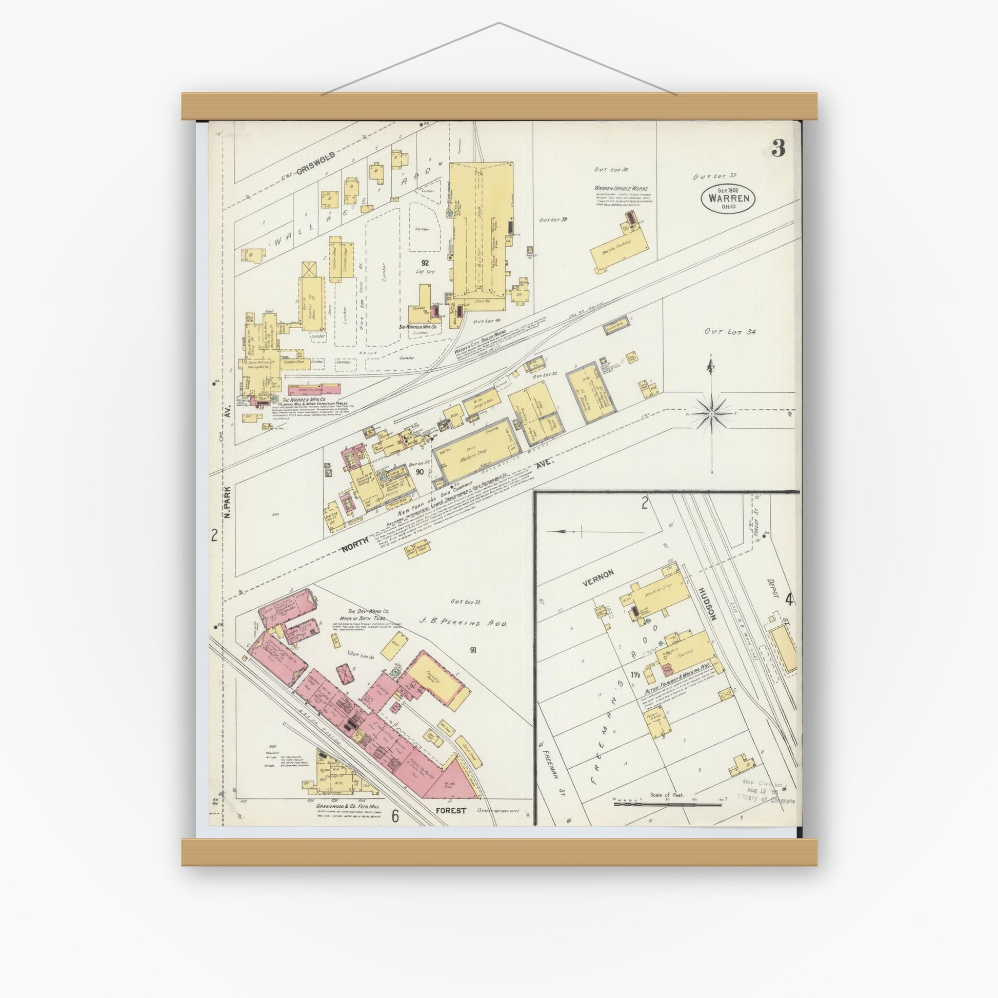 Old map wall art mockup — magnetic wood frame on white wall — Sanborn Fire Insurance Map from Warren, Trumbull County, Ohio (1902), Sheet #0003