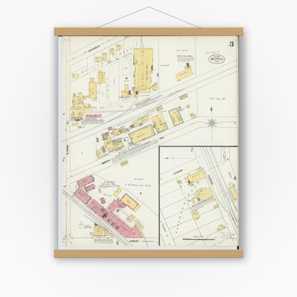 Old map wall art mockup — magnetic wood frame on white wall — Sanborn Fire Insurance Map from Warren, Trumbull County, Ohio (1902), Sheet #0003