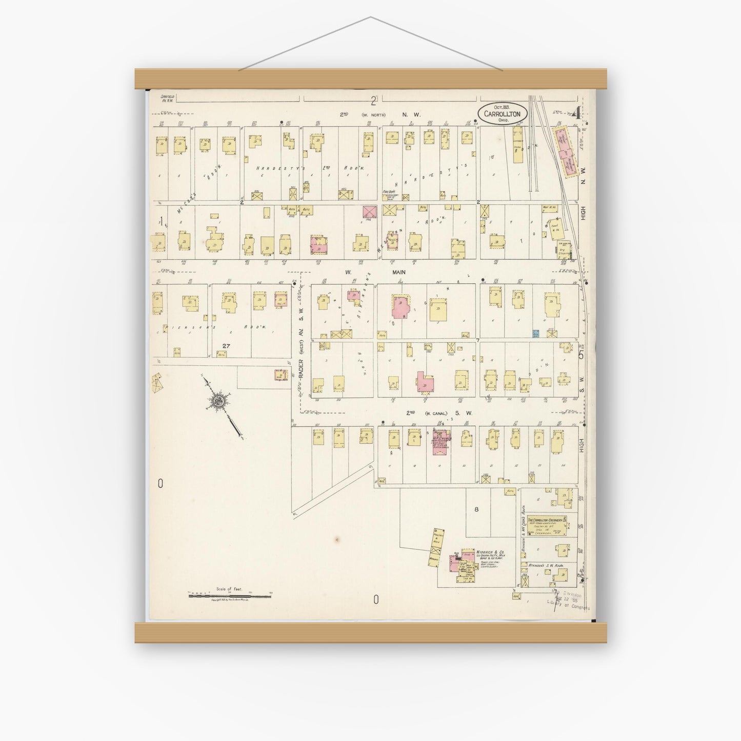 Old map wall art mockup — magnetic wood frame on white wall — Sanborn Fire Insurance Map from Carrollton, Carroll County, Ohio (1921), Sheet #0004