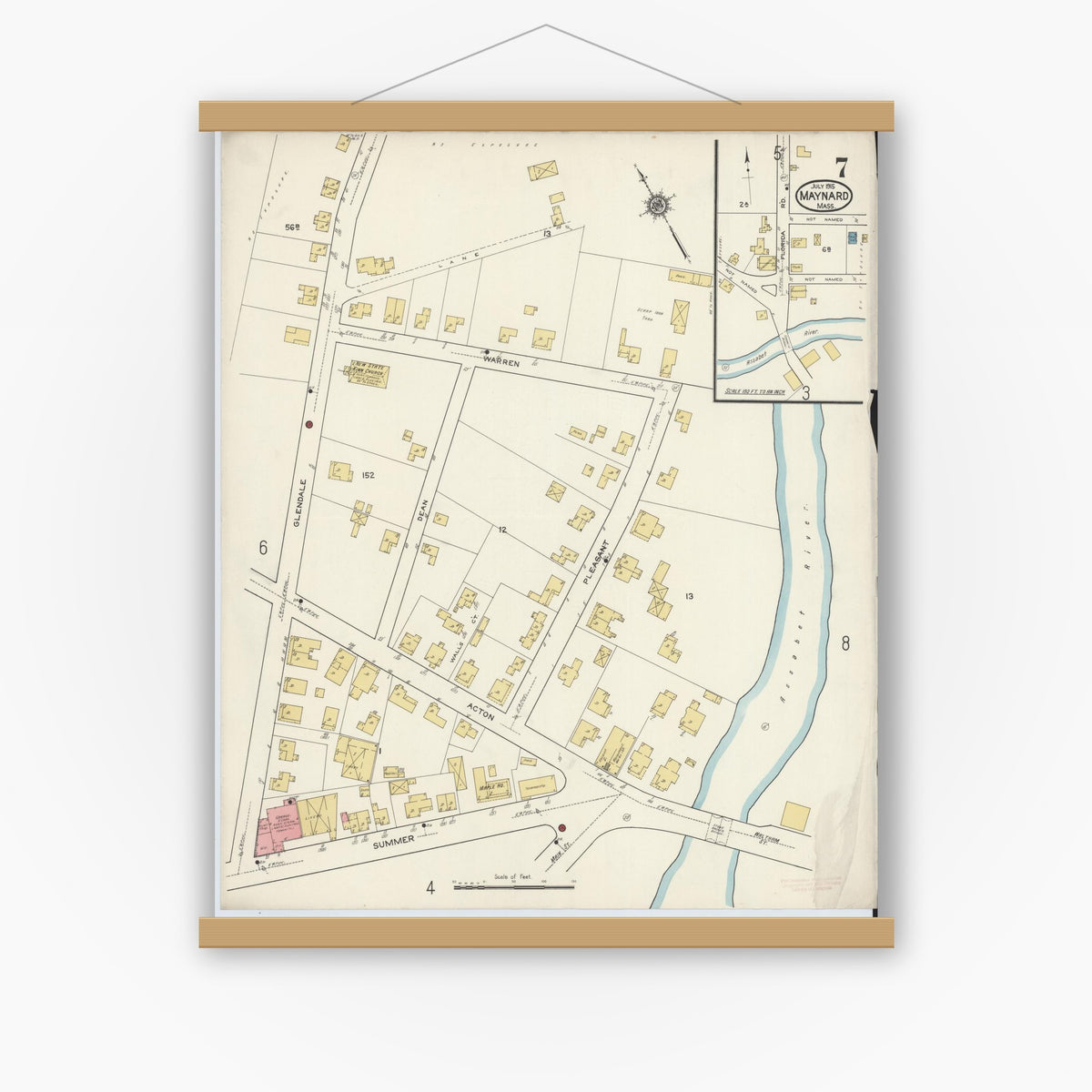 Old map wall art mockup — magnetic wood frame on white wall — Sanborn Fire Insurance Map from Maynard, Middlesex County, Massachusetts (1915), Sheet #0007