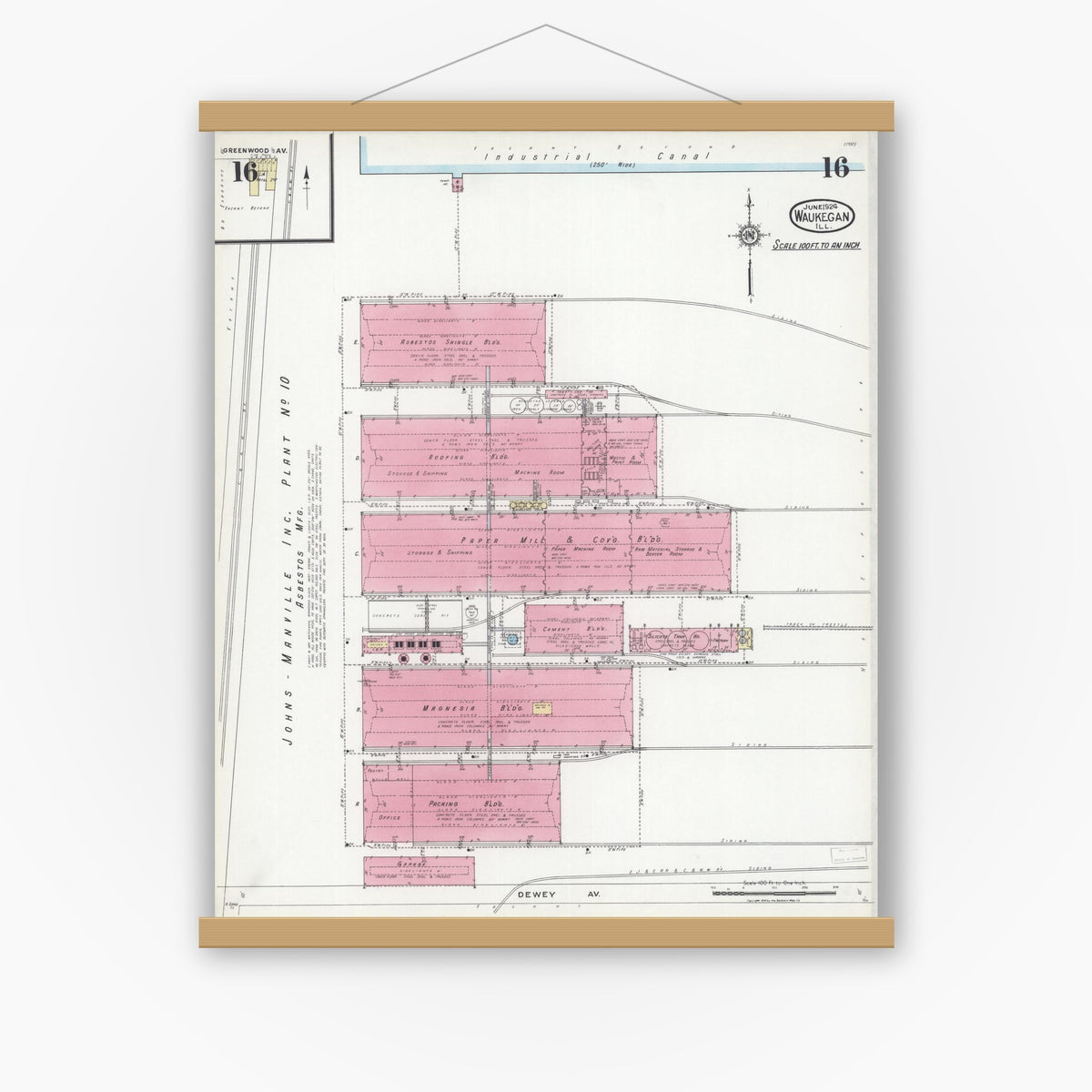 Old map wall art mockup — magnetic wood frame on white wall — Sanborn Fire Insurance Map from Waukegan, Lake County, Illinois (1924), Sheet #0016