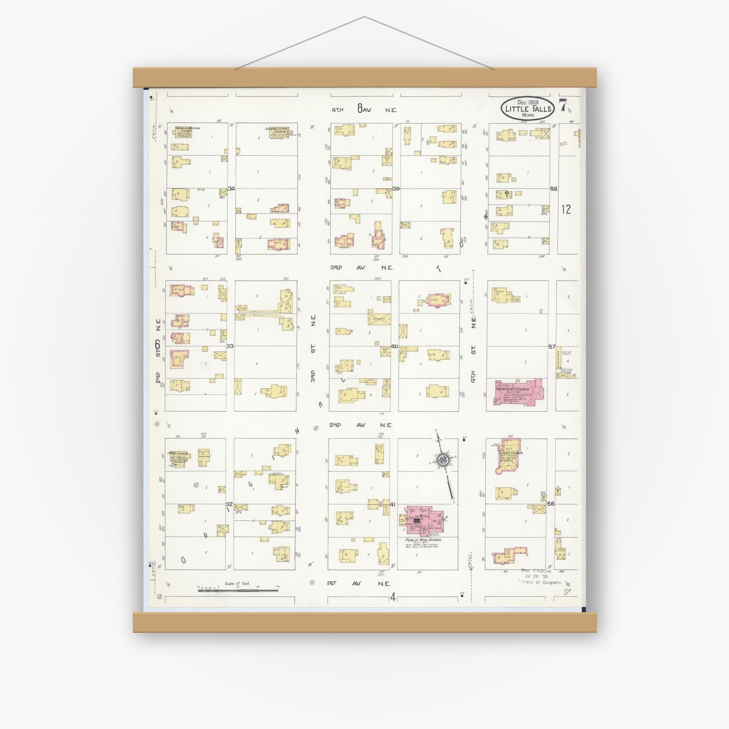 Old map wall art mockup — magnetic wood frame on white wall — Sanborn Fire Insurance Map from Little Falls, Morrison County, Minnesota (1909), Sheet #0007