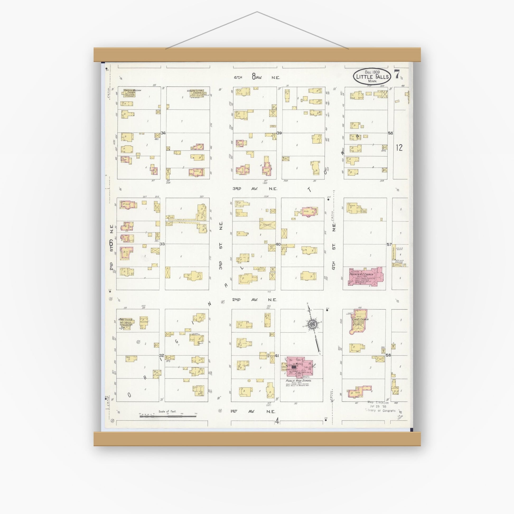 Old map wall art mockup — magnetic wood frame on white wall — Sanborn Fire Insurance Map from Little Falls, Morrison County, Minnesota (1909), Sheet #0007