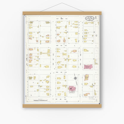Old map wall art mockup — magnetic wood frame on white wall — Sanborn Fire Insurance Map from Little Falls, Morrison County, Minnesota (1909), Sheet #0007