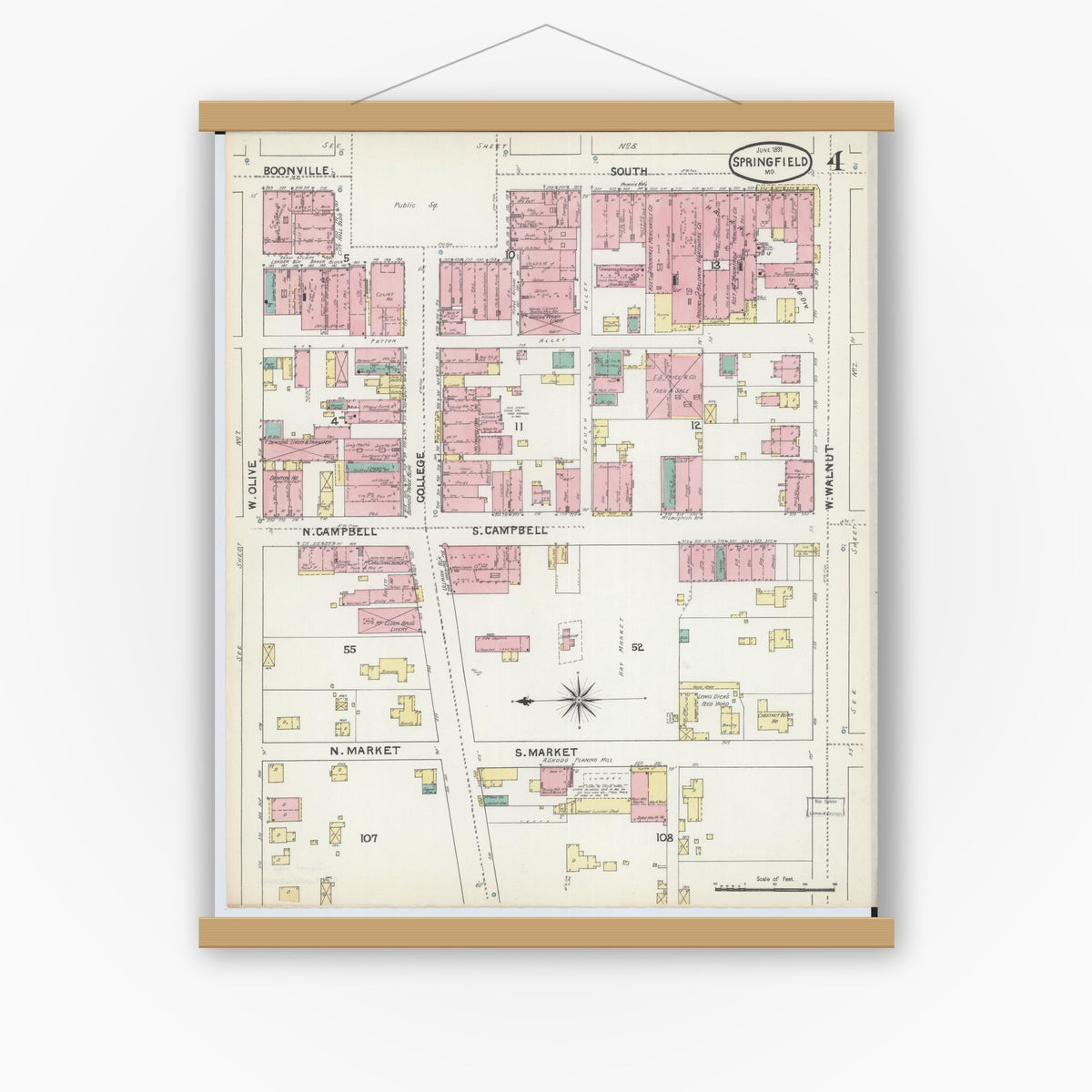 Old map wall art mockup — magnetic wood frame on white wall — Sanborn Fire Insurance Map from Springfield, Greene County, Missouri (1891), Sheet #0004
