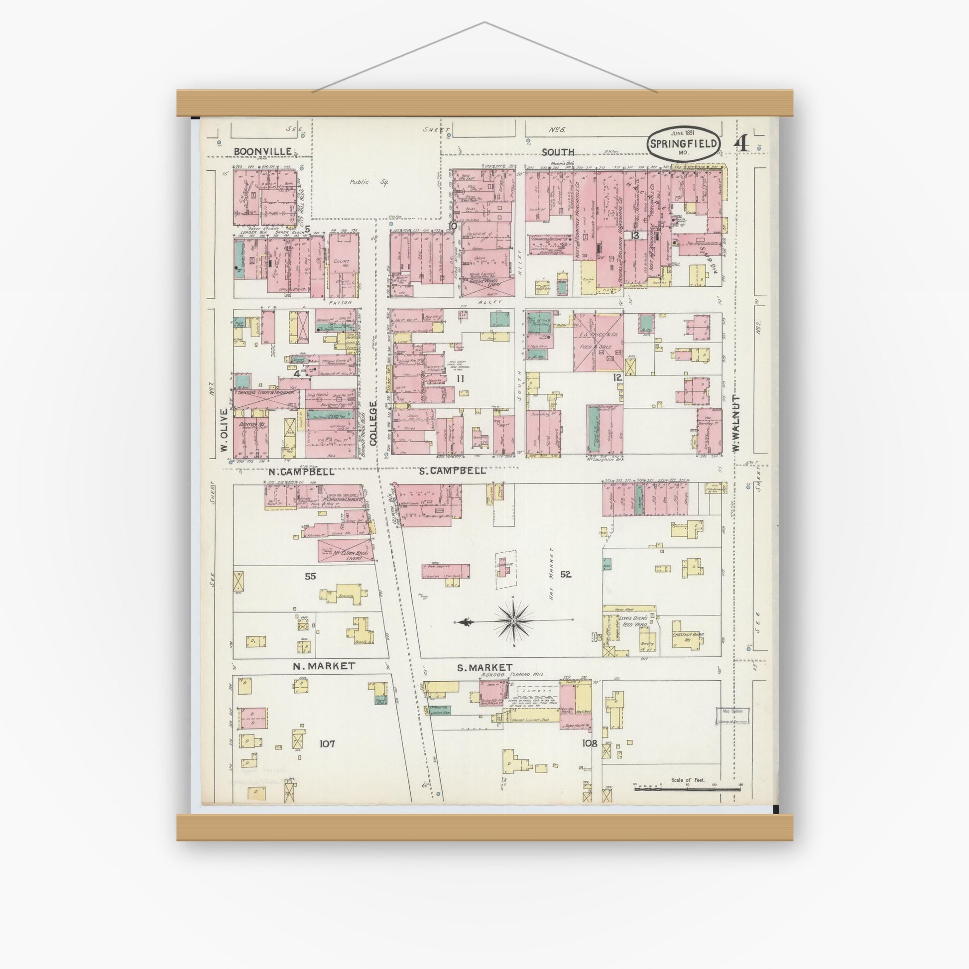 Old map wall art mockup — magnetic wood frame on white wall — Sanborn Fire Insurance Map from Springfield, Greene County, Missouri (1891), Sheet #0004