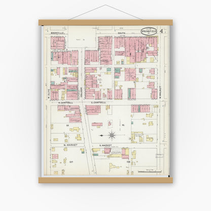 Old map wall art mockup — magnetic wood frame on white wall — Sanborn Fire Insurance Map from Springfield, Greene County, Missouri (1891), Sheet #0004