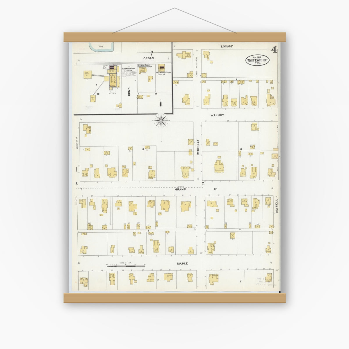 Old map wall art mockup — magnetic wood frame on white wall — Sanborn Fire Insurance Map from Whitewright, Grayson County, Texas (1905), Sheet #0004