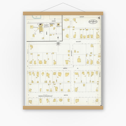 Old map wall art mockup — magnetic wood frame on white wall — Sanborn Fire Insurance Map from Whitewright, Grayson County, Texas (1905), Sheet #0004
