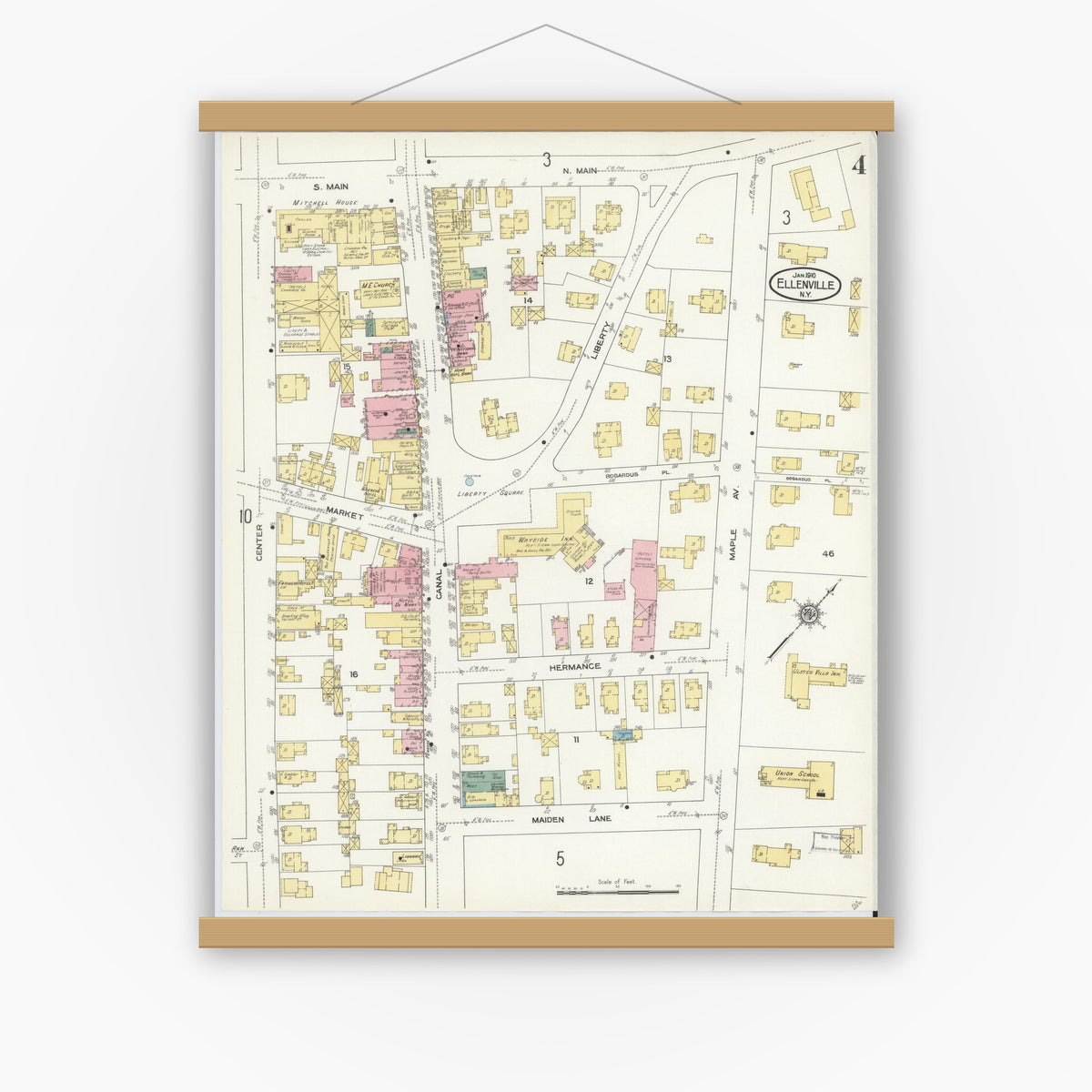 Old map wall art mockup — magnetic wood frame on white wall — Sanborn Fire Insurance Map from Ellenville, Ulster County, New York (1910), Sheet #0004