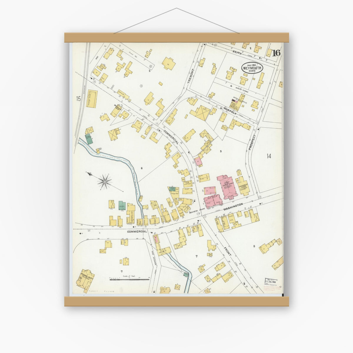 Old map wall art mockup — magnetic wood frame on white wall — Sanborn Fire Insurance Map from Weymouth, Norfolk County, Massachusetts (1904), Sheet #0016