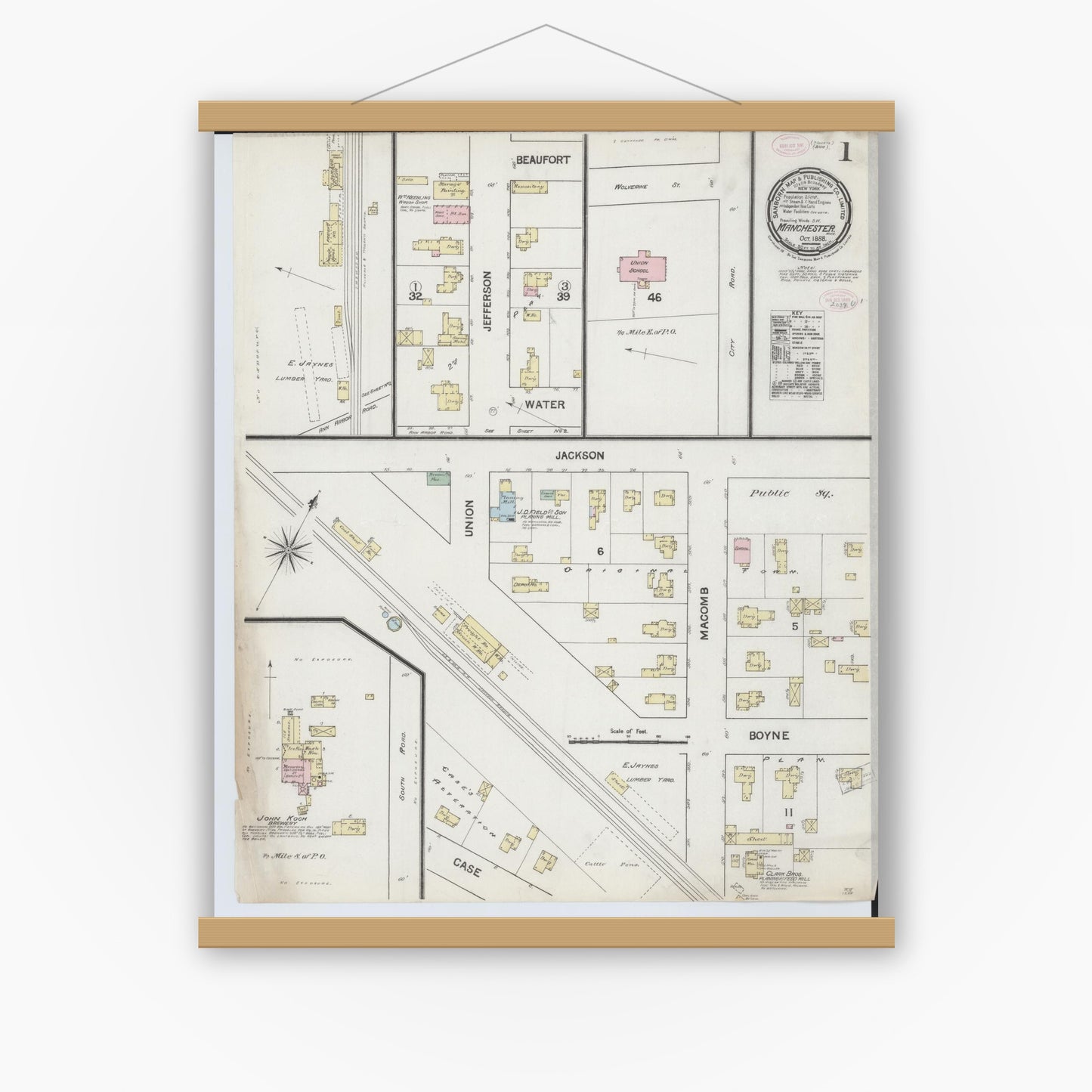 Old map wall art mockup — magnetic wood frame on white wall — Sanborn Fire Insurance Map from Manchester, Washtenaw County, Michigan (1888) - Complete Map Set