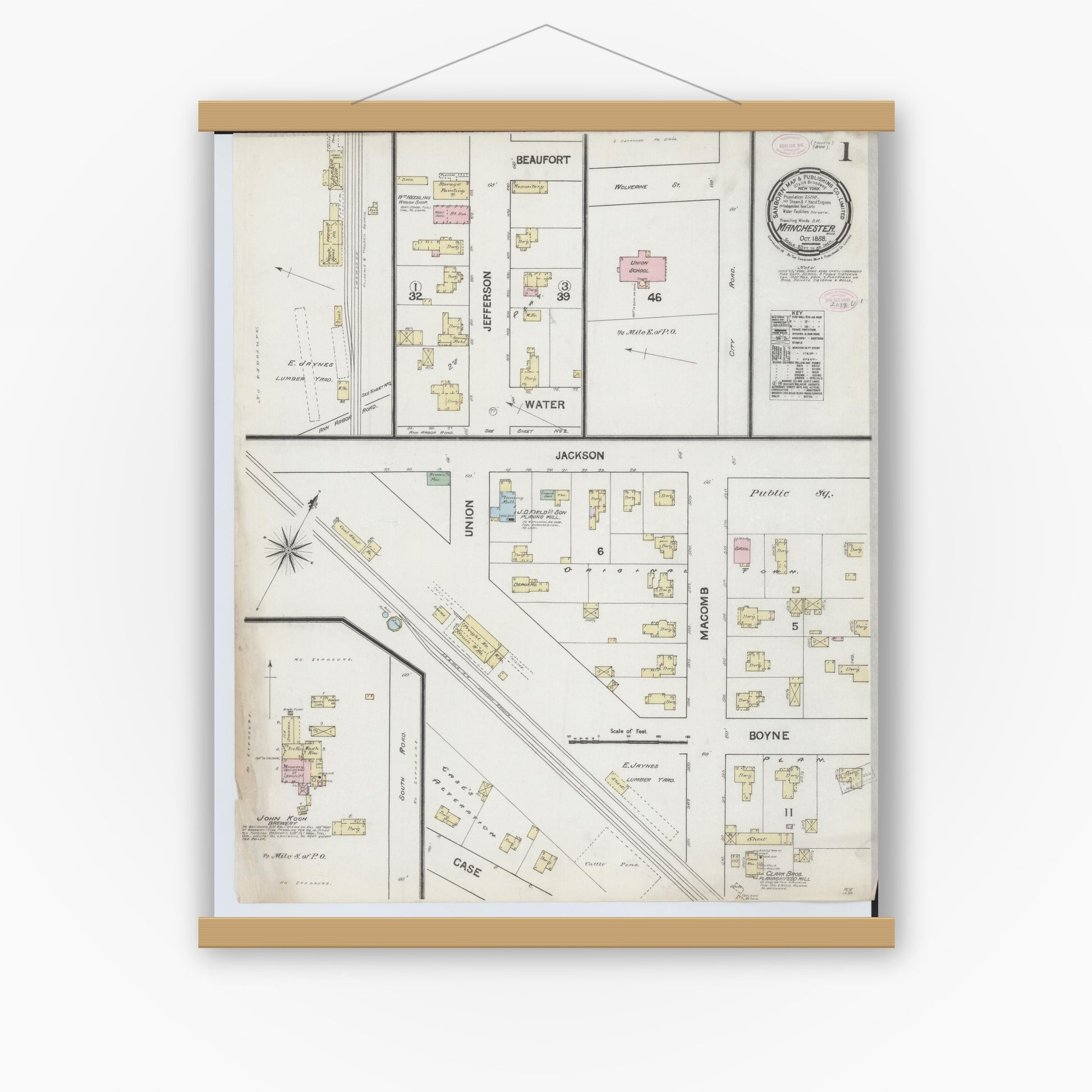 Old map wall art mockup — magnetic wood frame on white wall — Sanborn Fire Insurance Map from Manchester, Washtenaw County, Michigan (1888) - Complete Map Set