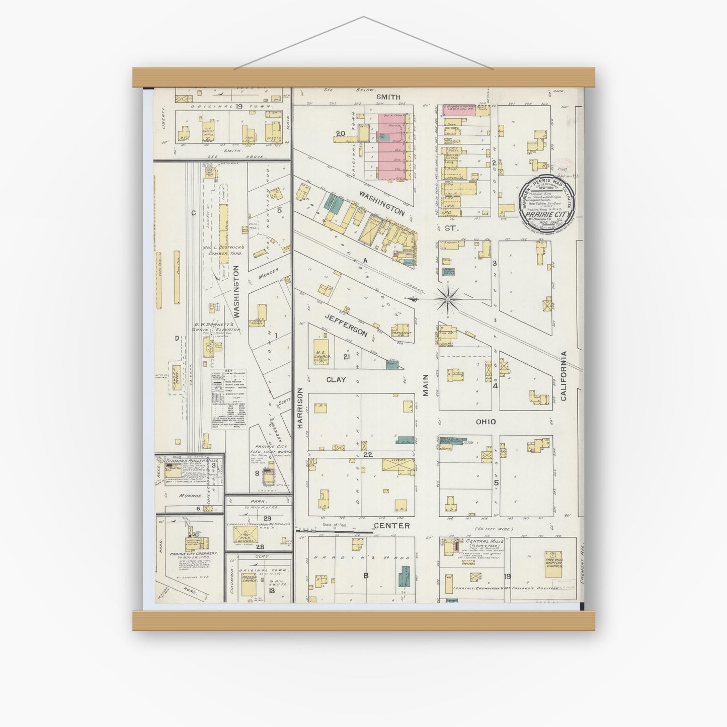 Old map wall art mockup — magnetic wood frame on white wall — Sanborn Fire Insurance Map from Prairie City, Mcdonough County, Illinois (1893) - Complete Map Set