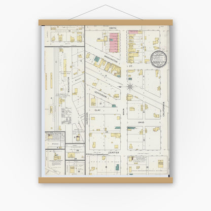 Old map wall art mockup — magnetic wood frame on white wall — Sanborn Fire Insurance Map from Prairie City, Mcdonough County, Illinois (1893) - Complete Map Set