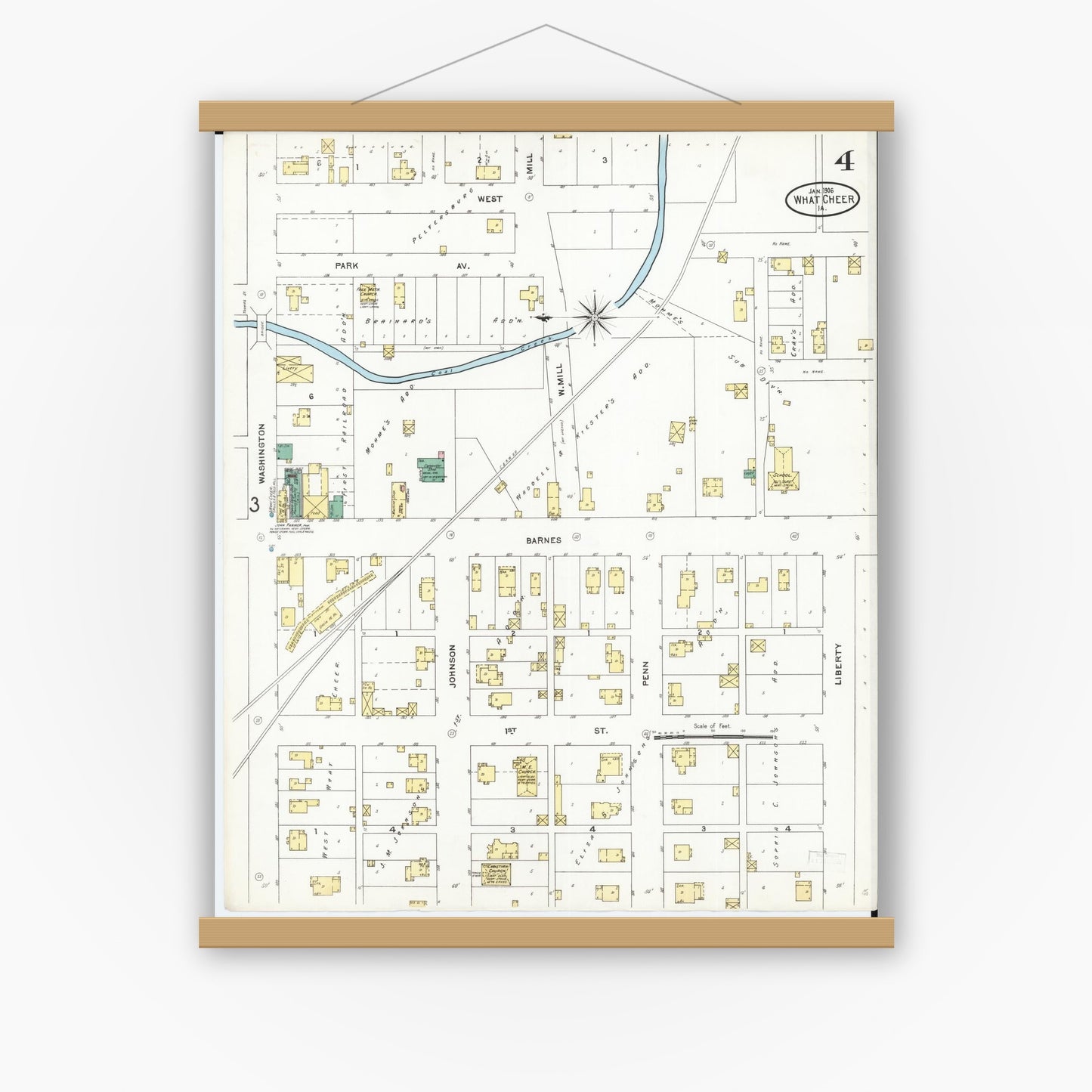 Old map wall art mockup — magnetic wood frame on white wall — Sanborn Fire Insurance Map from What Cheer, Keokuk County, Iowa (1906), Sheet #0004
