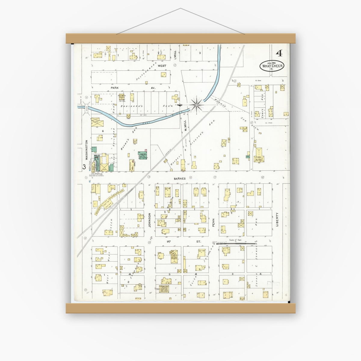 Old map wall art mockup — magnetic wood frame on white wall — Sanborn Fire Insurance Map from What Cheer, Keokuk County, Iowa (1906), Sheet #0004