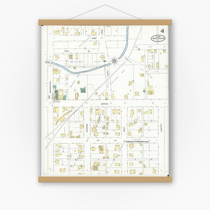 Old map wall art mockup — magnetic wood frame on white wall — Sanborn Fire Insurance Map from What Cheer, Keokuk County, Iowa (1906), Sheet #0004