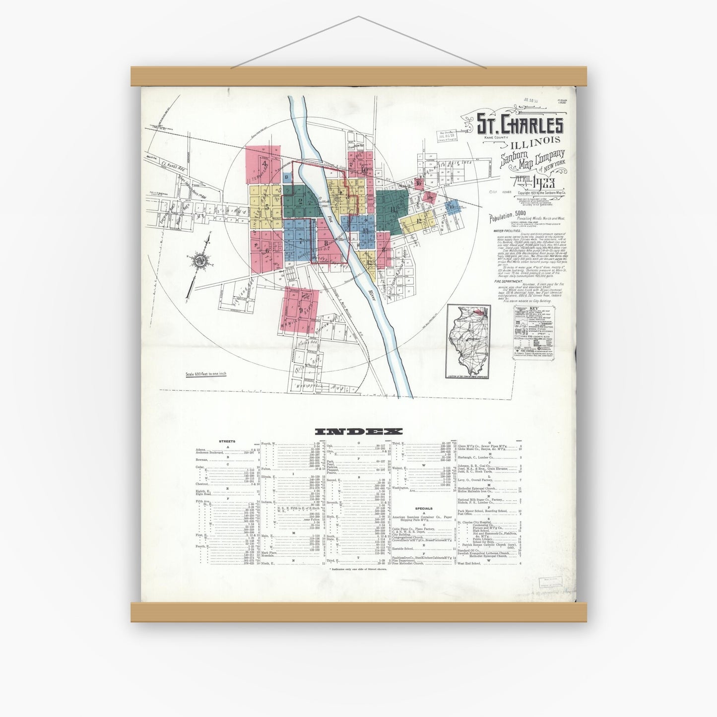 Old map wall art mockup — magnetic wood frame on white wall — Sanborn Fire Insurance Map from Saint Charles, Kane County, Illinois (1923) - Complete Map Set