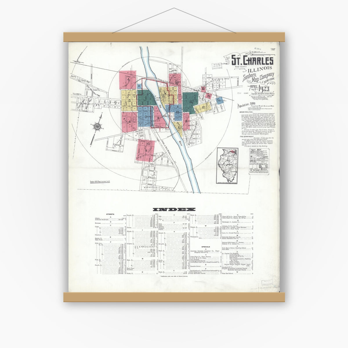 Old map wall art mockup — magnetic wood frame on white wall — Sanborn Fire Insurance Map from Saint Charles, Kane County, Illinois (1923) - Complete Map Set