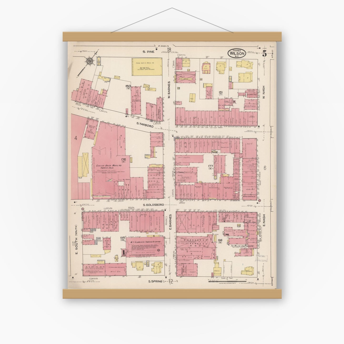 Old map wall art mockup — magnetic wood frame on white wall — Sanborn Fire Insurance Map from Wilson, Wilson County, North Carolina (1922), Sheet #0005