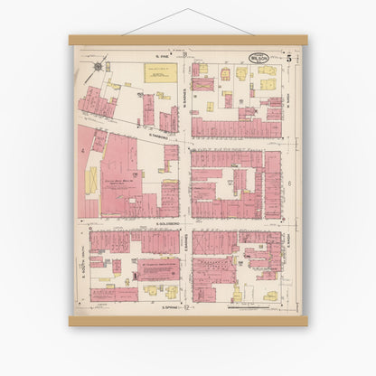 Old map wall art mockup — magnetic wood frame on white wall — Sanborn Fire Insurance Map from Wilson, Wilson County, North Carolina (1922), Sheet #0005
