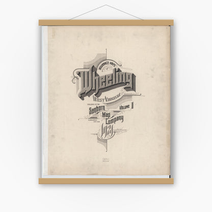 Old map wall art mockup — magnetic wood frame on white wall — Sanborn Fire Insurance Map from Wheeling, Ohio County, West Virginia (1921), Sheet #0001