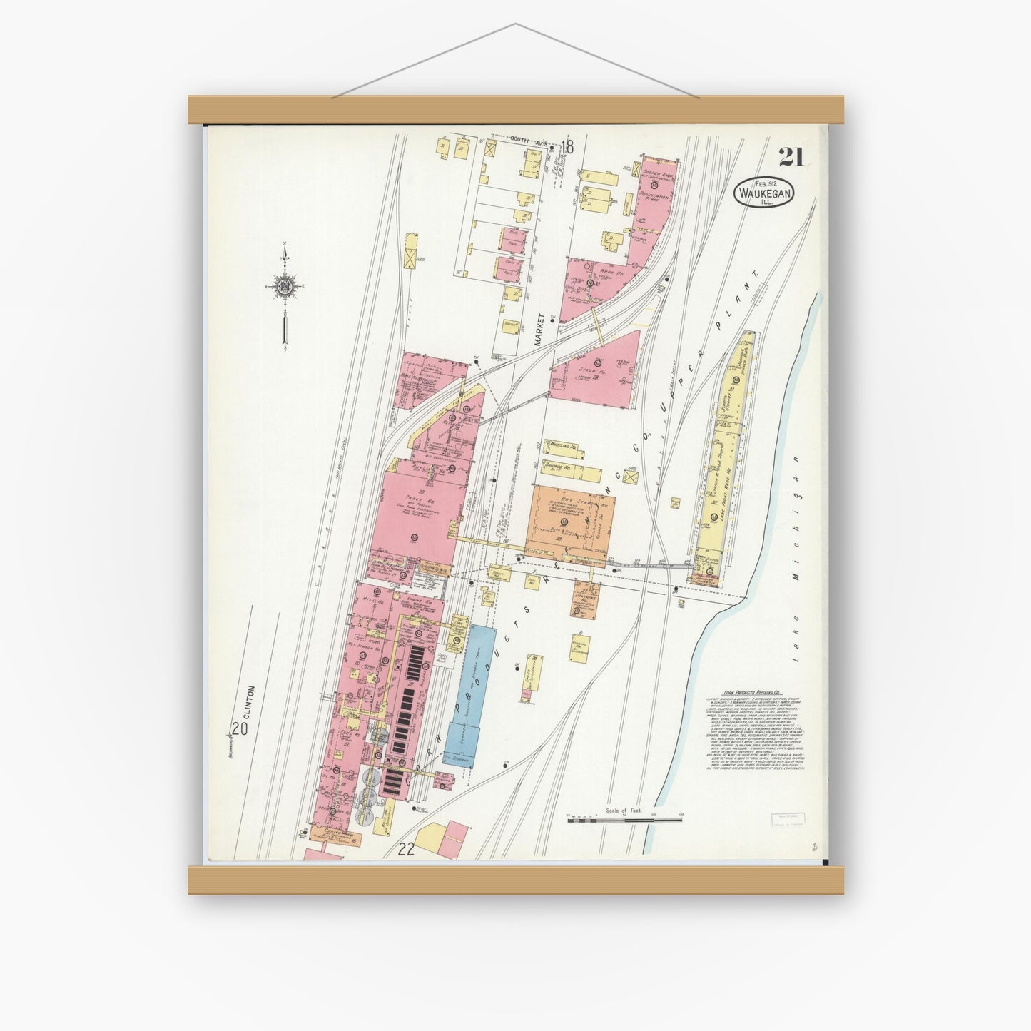 Old map wall art mockup — magnetic wood frame on white wall — Sanborn Fire Insurance Map from Waukegan, Lake County, Illinois (1912), Sheet #0021