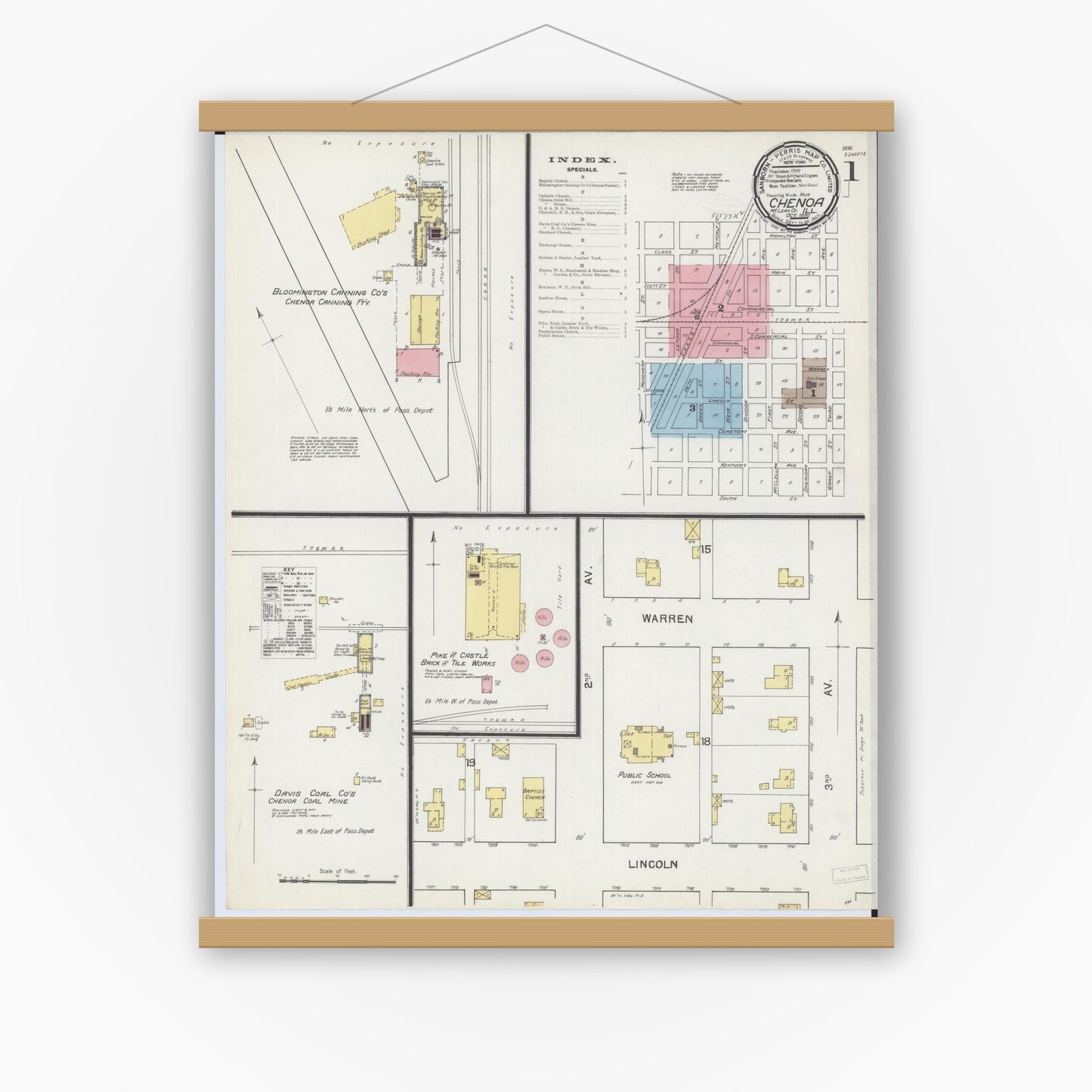 Old map wall art mockup — magnetic wood frame on white wall — Sanborn Fire Insurance Map from Chenoa, McLean County, Illinois (1892) - Complete Map Set