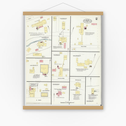 Old map wall art mockup — magnetic wood frame on white wall — Sanborn Fire Insurance Map from Thomasville, Davidson County, North Carolina (1908), Sheet #0002