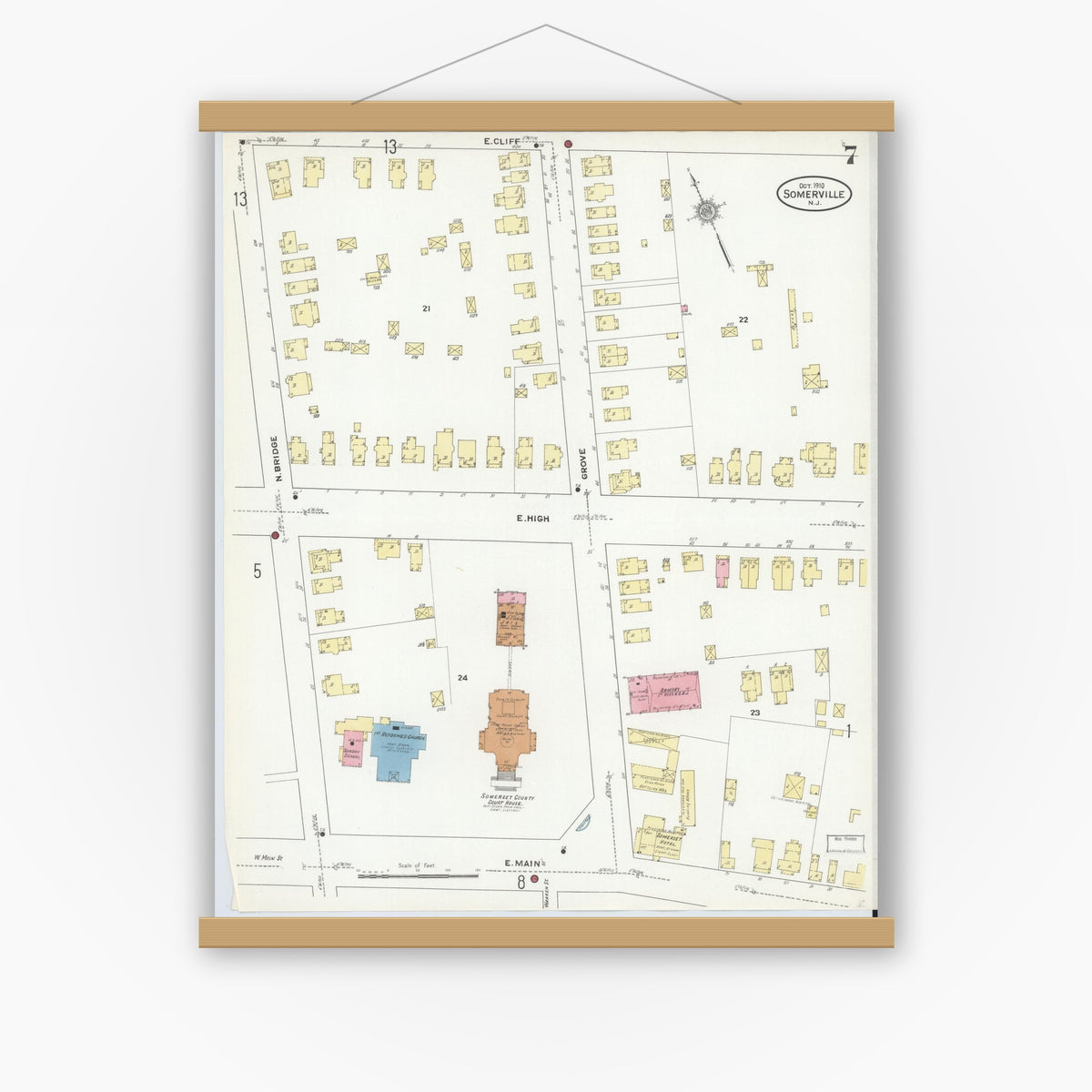 Old map wall art mockup — magnetic wood frame on white wall — Sanborn Fire Insurance Map from Somerville, Somerset County, New Jersey (1910), Sheet #0007