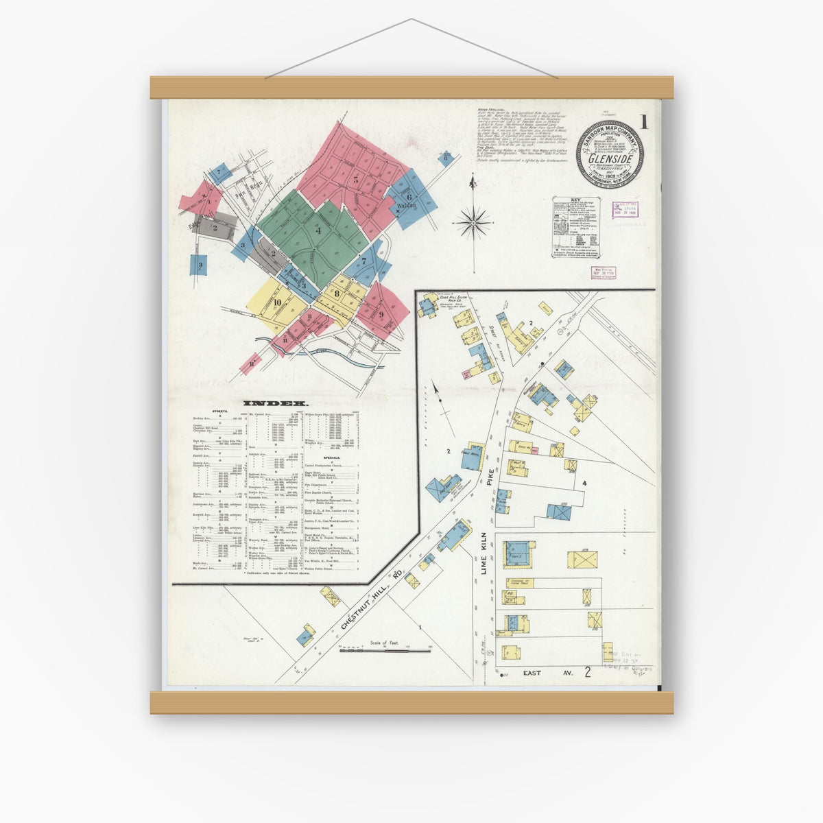 Old map wall art mockup — magnetic wood frame on white wall — Sanborn Fire Insurance Map from Glenside, Montgomery County, Pennsylvania (1909) - Complete Map Set