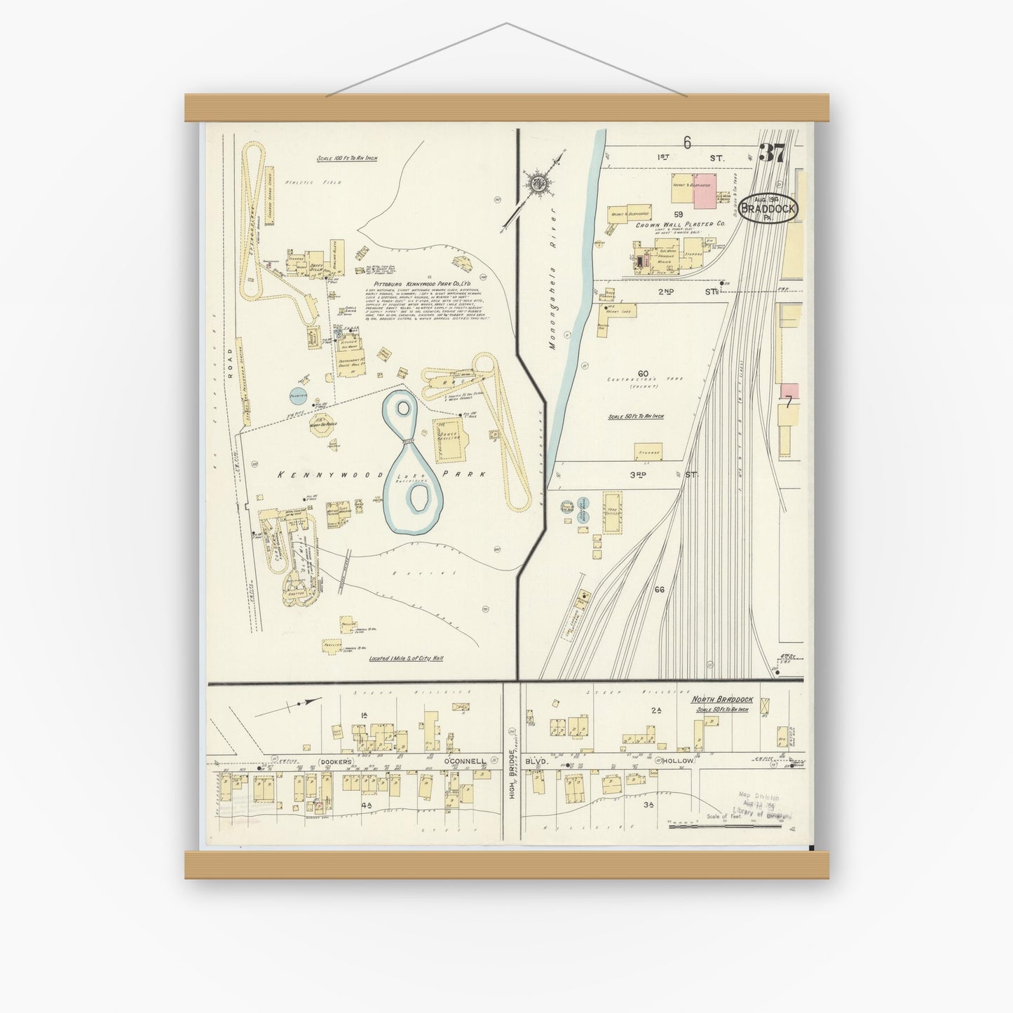 Old map wall art mockup — magnetic wood frame on white wall — Sanborn Fire Insurance Map from Braddock, Allegheny County, Pennsylvania (1914), Sheet #0037
