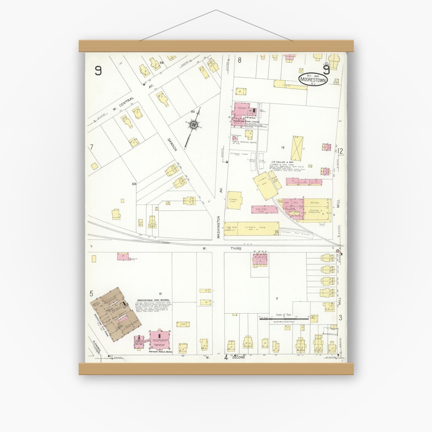 Old map wall art mockup — magnetic wood frame on white wall — Sanborn Fire Insurance Map from Moorestown, Burlington County, New Jersey (1923), Sheet #0009