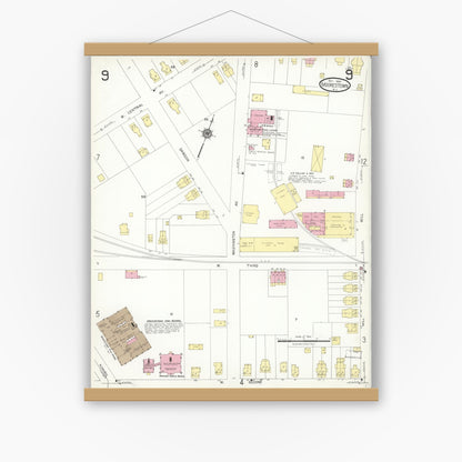 Old map wall art mockup — magnetic wood frame on white wall — Sanborn Fire Insurance Map from Moorestown, Burlington County, New Jersey (1923), Sheet #0009