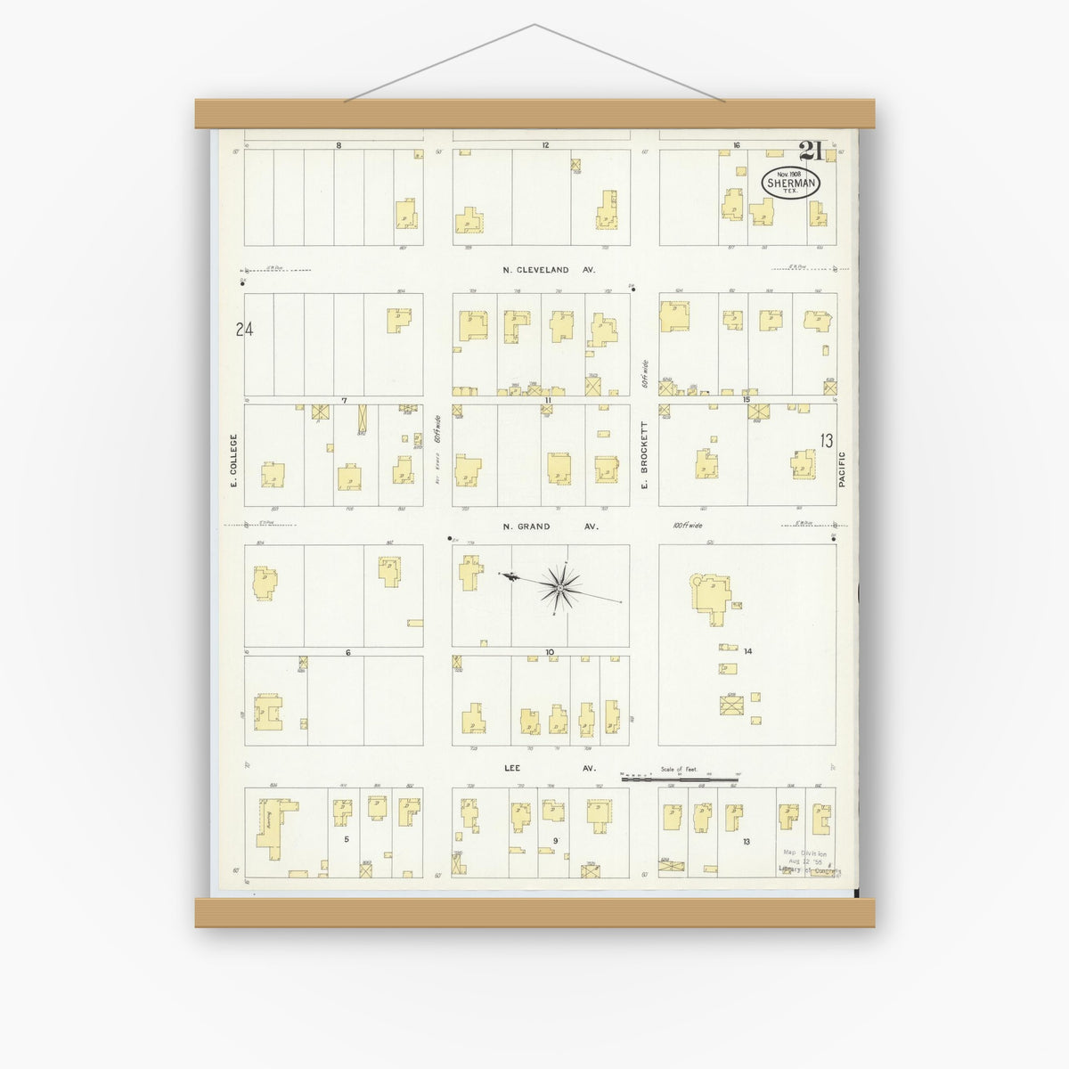 Old map wall art mockup — magnetic wood frame on white wall — Sanborn Fire Insurance Map from Sherman, Grayson County, Texas (1908), Sheet #0021