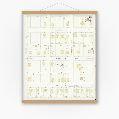 Old map wall art mockup — magnetic wood frame on white wall — Sanborn Fire Insurance Map from Sherman, Grayson County, Texas (1908), Sheet #0021