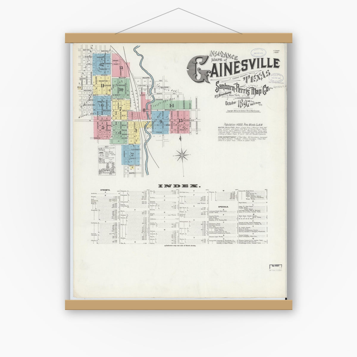 Old map wall art mockup — magnetic wood frame on white wall — Sanborn Fire Insurance Map from Gainesville, Cooke County, Texas (1897) - Complete Map Set