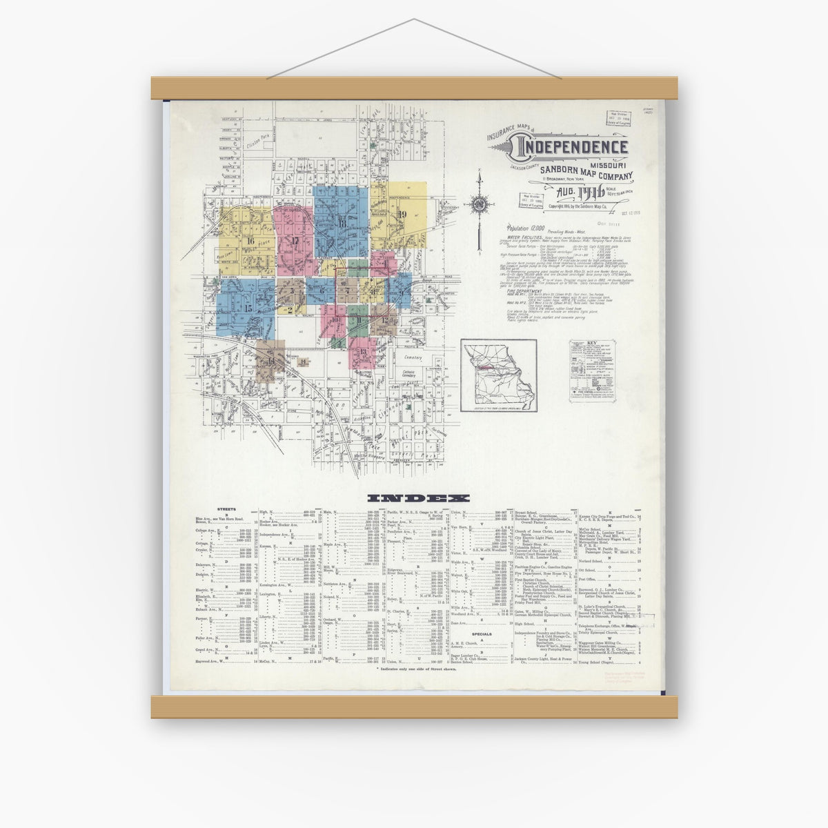 Old map wall art mockup — magnetic wood frame on white wall — Sanborn Fire Insurance Map from Independence, Jackson County, Missouri (1916), Sheet #0001
