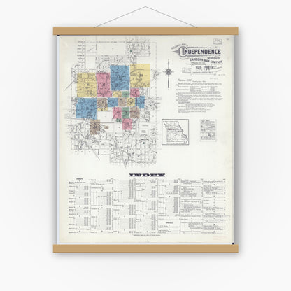 Old map wall art mockup — magnetic wood frame on white wall — Sanborn Fire Insurance Map from Independence, Jackson County, Missouri (1916), Sheet #0001
