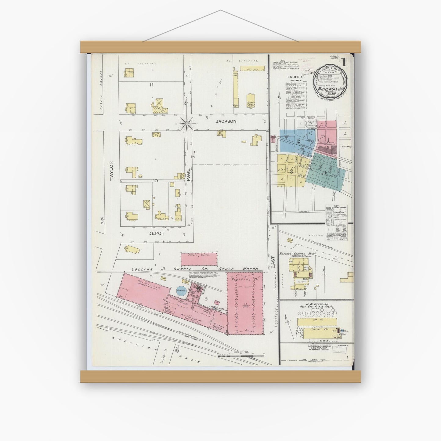Old map wall art mockup — magnetic wood frame on white wall — Sanborn Fire Insurance Map from Marengo, McHenry County, Illinois (1893) - Complete Map Set