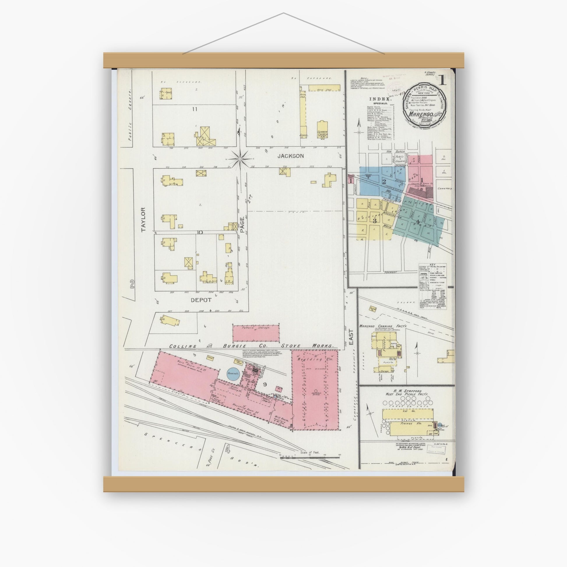 Old map wall art mockup — magnetic wood frame on white wall — Sanborn Fire Insurance Map from Marengo, McHenry County, Illinois (1893) - Complete Map Set