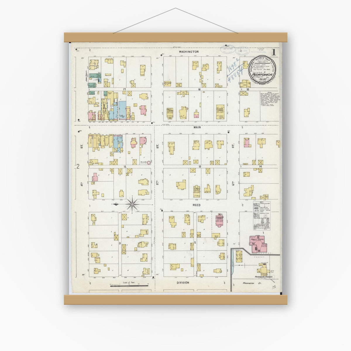 Old map wall art mockup — magnetic wood frame on white wall — Sanborn Fire Insurance Map from Pecatonica, Winnebago County, Illinois (1898), Sheet #0001