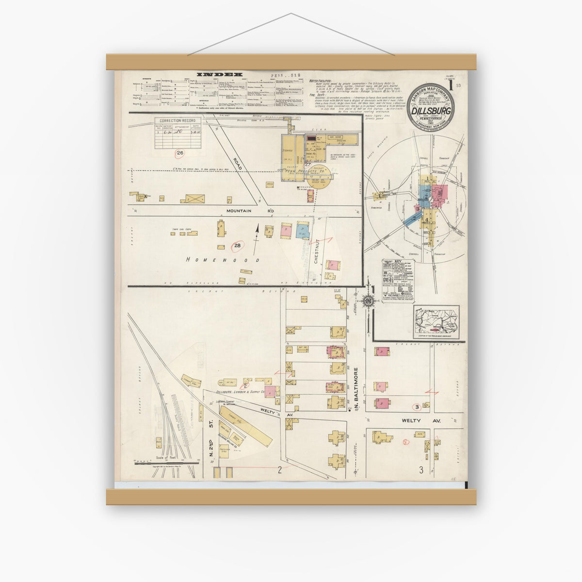 Old map wall art mockup — magnetic wood frame on white wall — Sanborn Fire Insurance Map from Dillsburg, York County, Pennsylvania (1934) - Complete Map Set