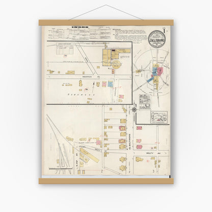 Old map wall art mockup — magnetic wood frame on white wall — Sanborn Fire Insurance Map from Dillsburg, York County, Pennsylvania (1934) - Complete Map Set