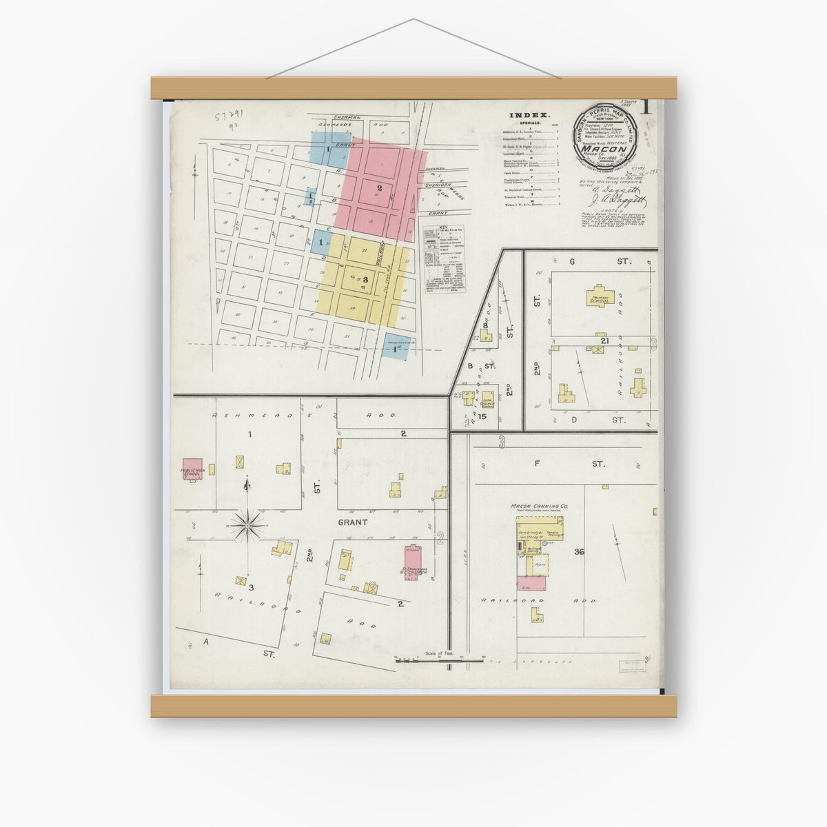 Old map wall art mockup — magnetic wood frame on white wall — Sanborn Fire Insurance Map from Macon, Macon County, Illinois (1893) - Complete Map Set